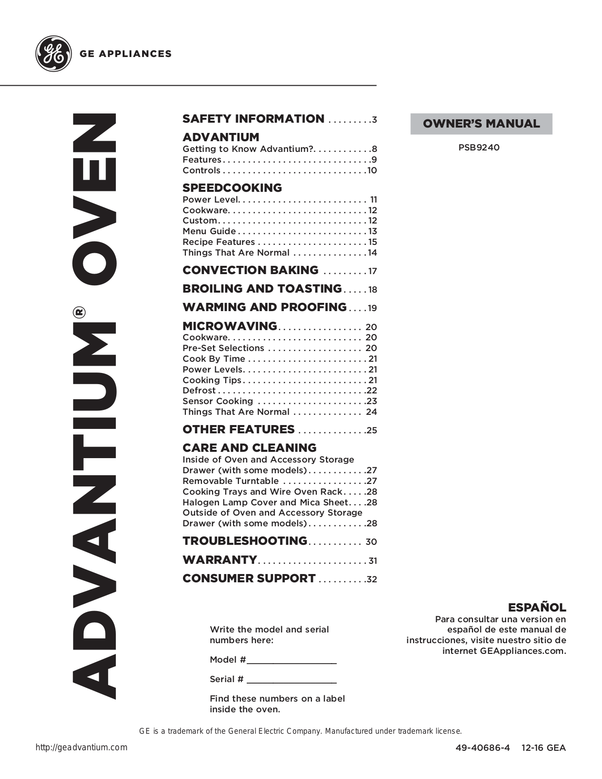 GE PSB9240BLTS User Manual