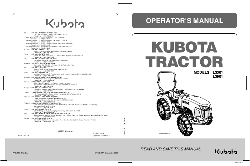 Kubota L3301, L3901 Operators Manual