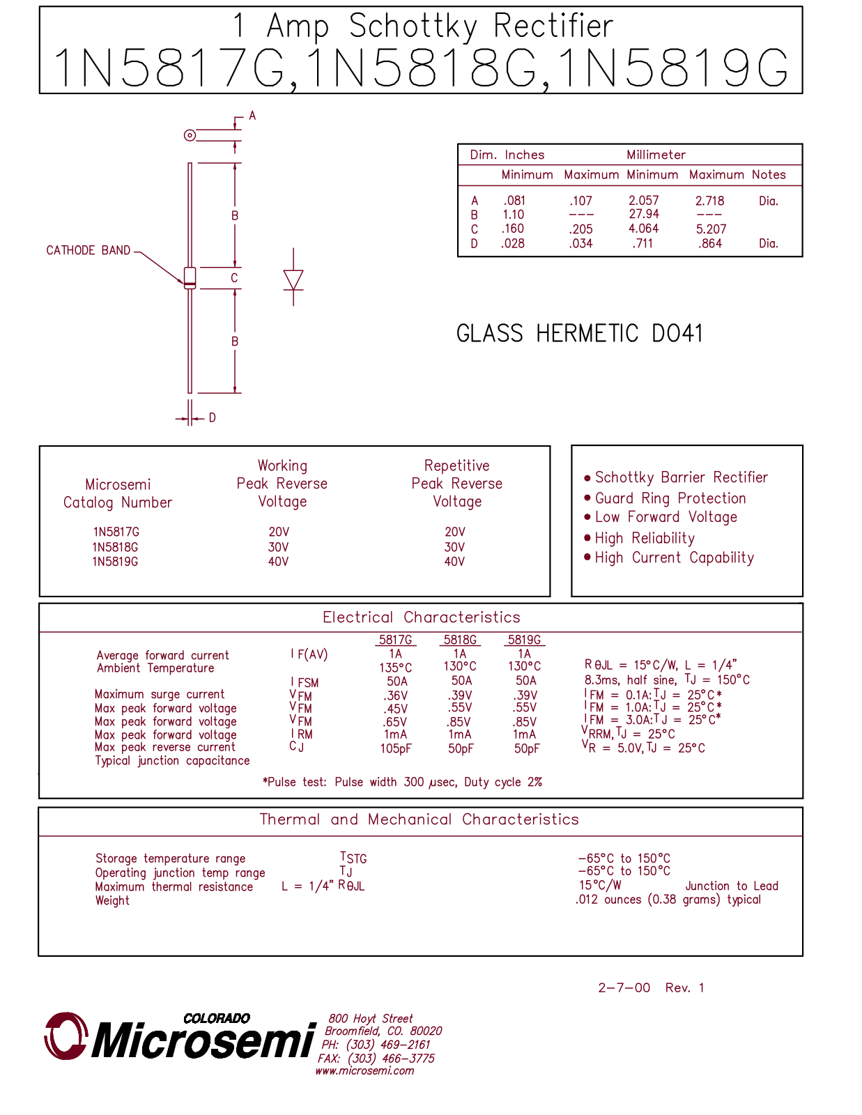 Microsemi Corporation 1N5819G, 1N5817G, 1N5818G Datasheet