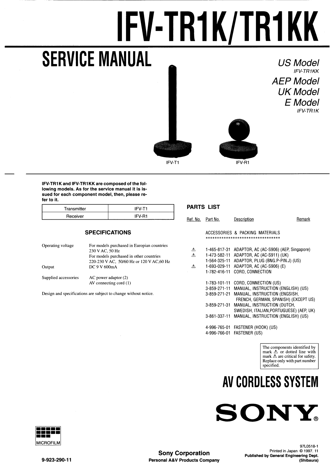 Sony IFV-TR1K, IFV-TR1KK Service Manual