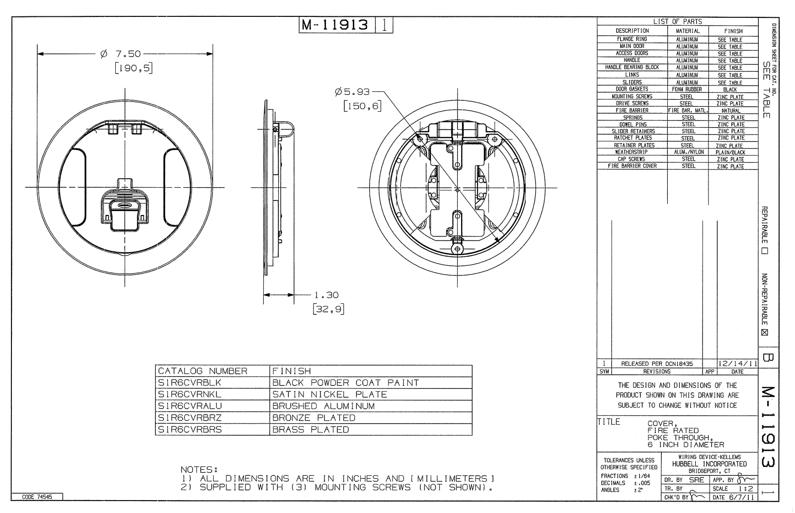 Hubbell S1R6CVRBLK Reference Drawing