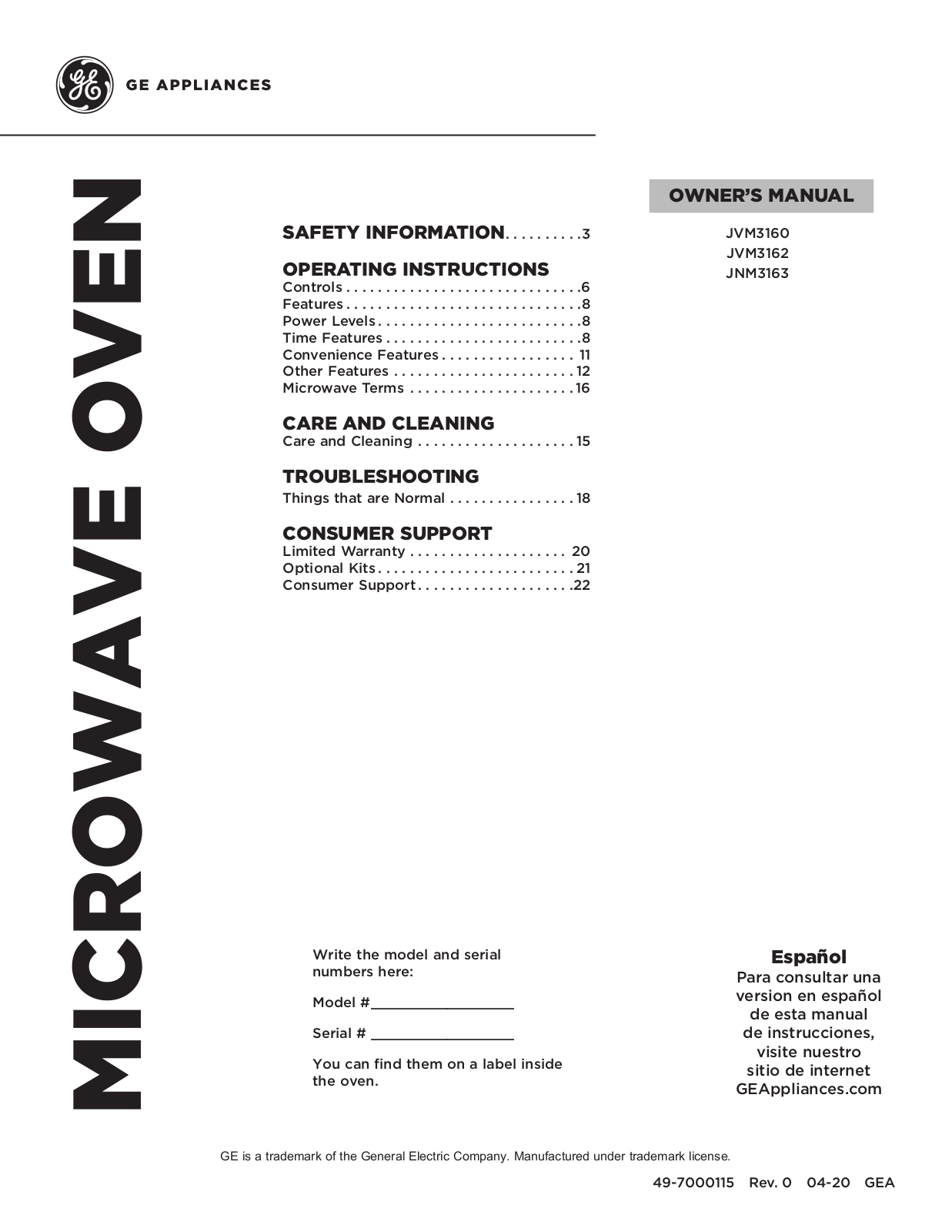 GE JVM3160, JVM3162, JNM3163 Owner’s Manual