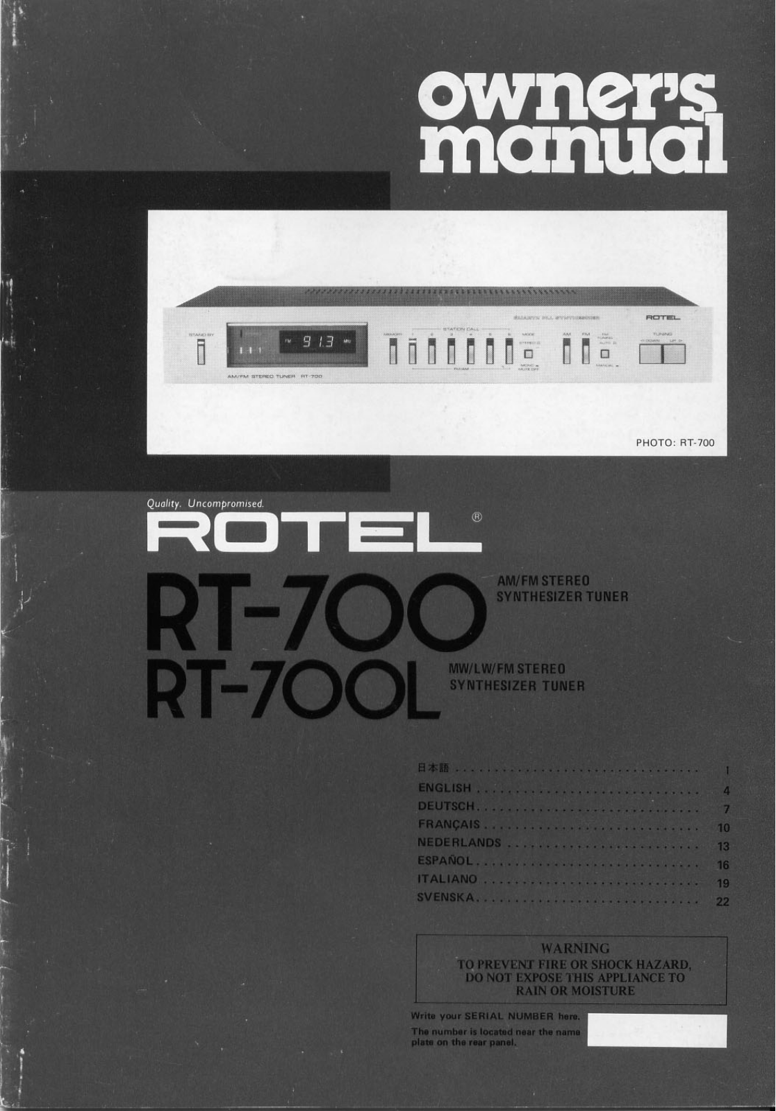 Rotel RT-700, RT-700-L Owners manual