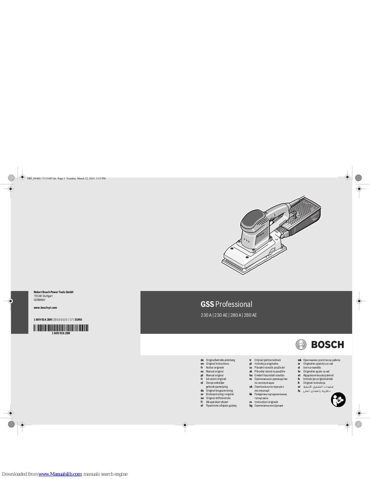 Bosch GSS 230A Professional, GSS 230AE Professional, GSS 280A Professional, GSS 280AE Professional Original Instructions Manual