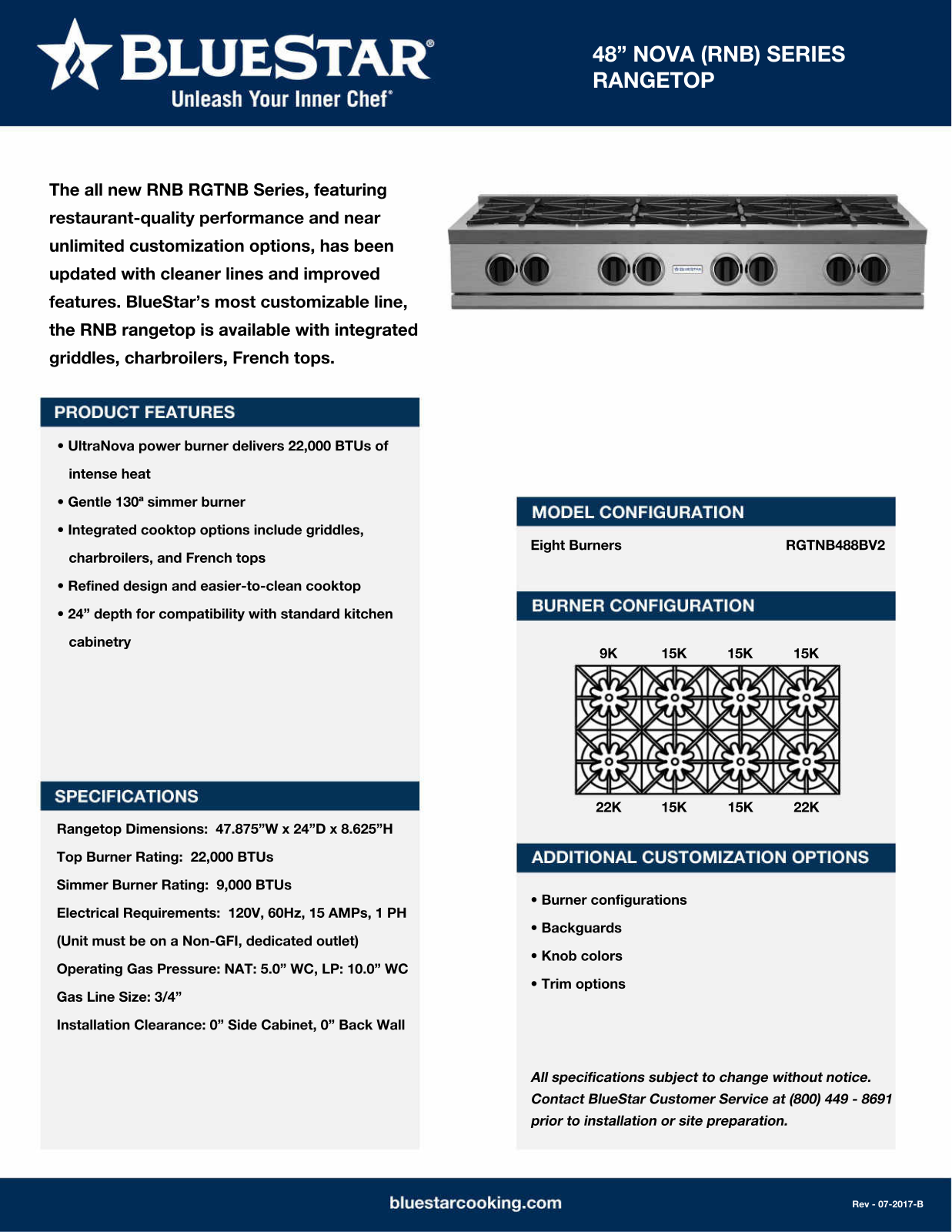 BlueStar RGTNB488BV2L Specs