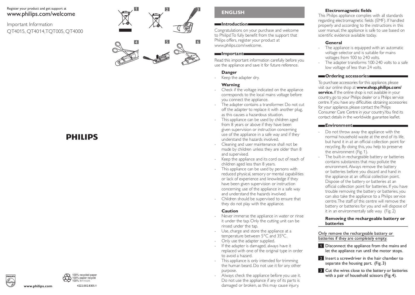 Philips QT4014/42, QT4000/42 Important Information Manual