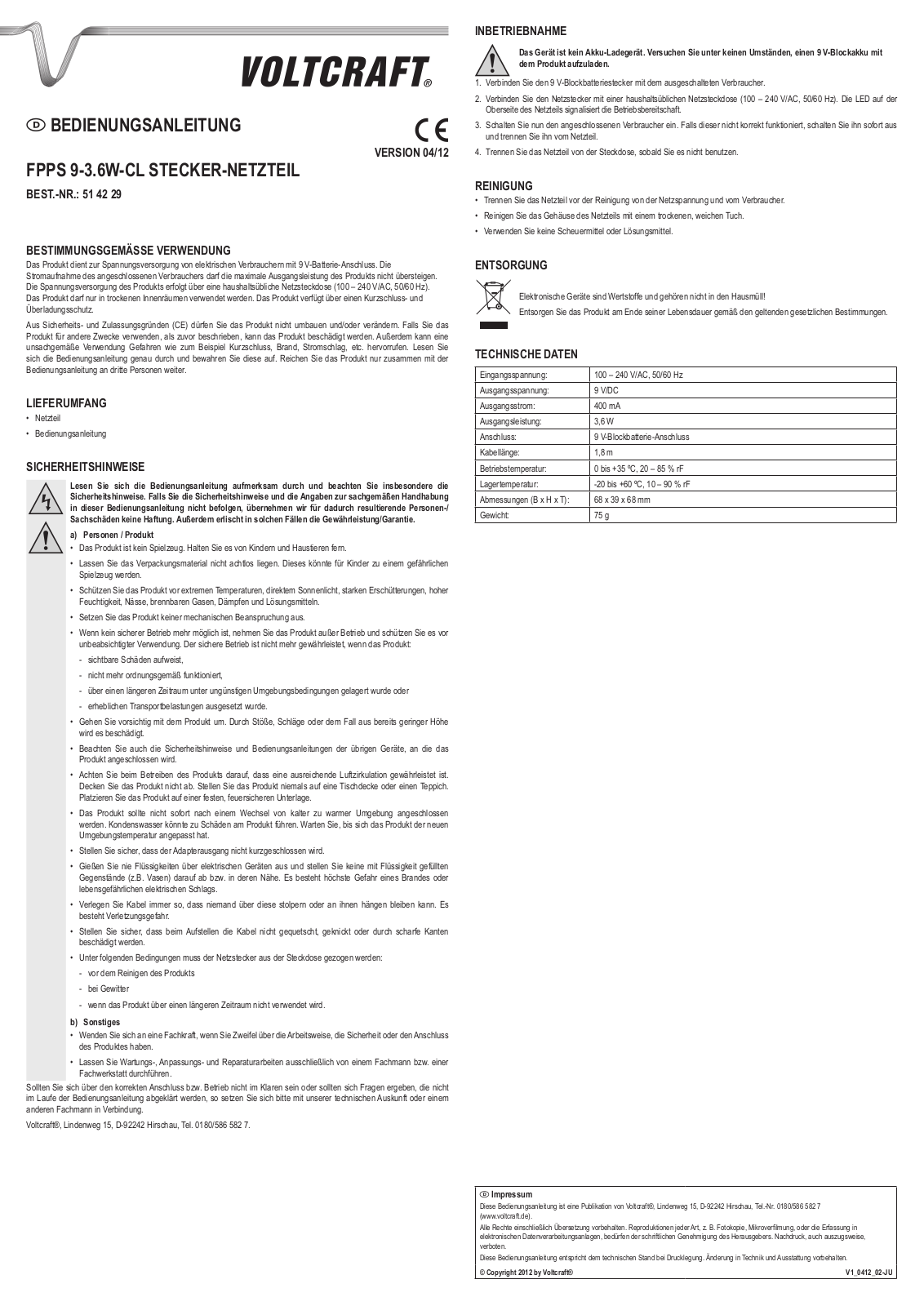 VOLTCRAFT FPPS 9-3.6W-CL Operation Manual