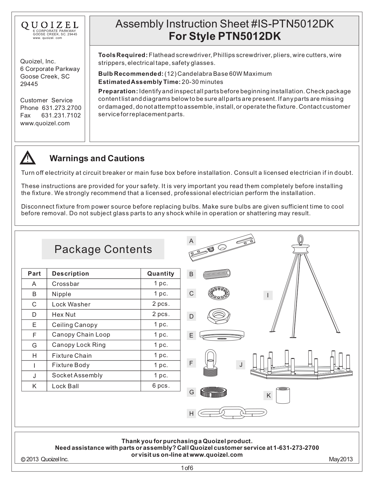 Quoizel PTN5012DK User Manual