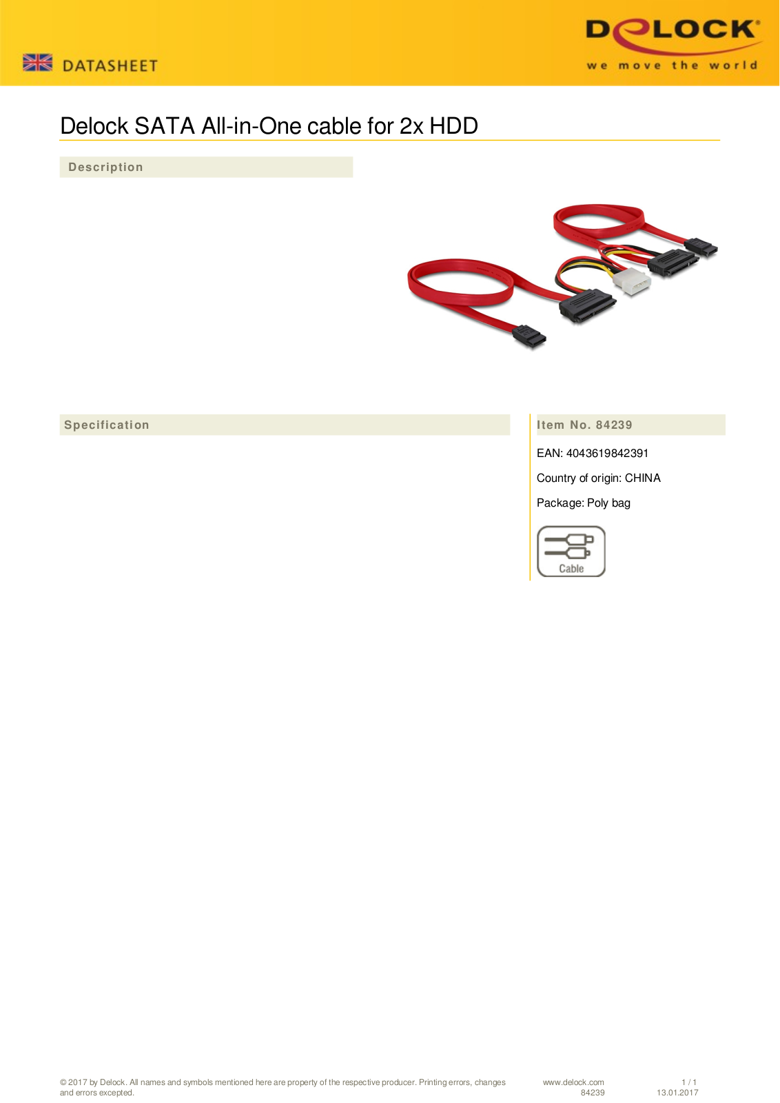 DeLOCK SATA All-in-One Kabel für zwei Festplatten User Manual