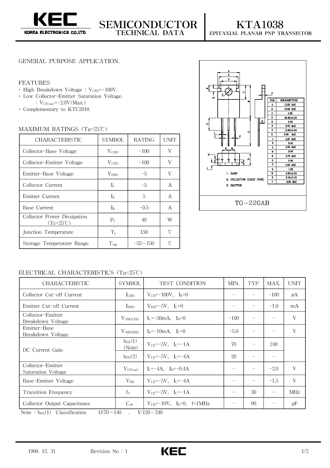 KEC KTA1038 Datasheet