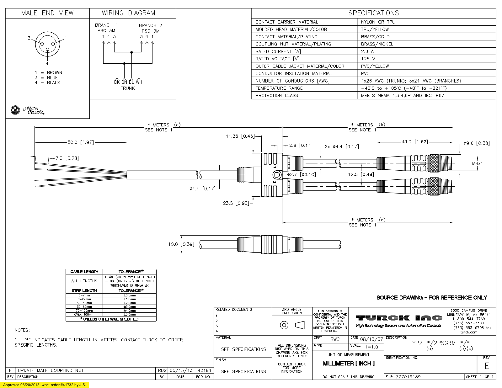 Turck YP2-0.5/2PSG3M-0.5/0.5 Specification Sheet