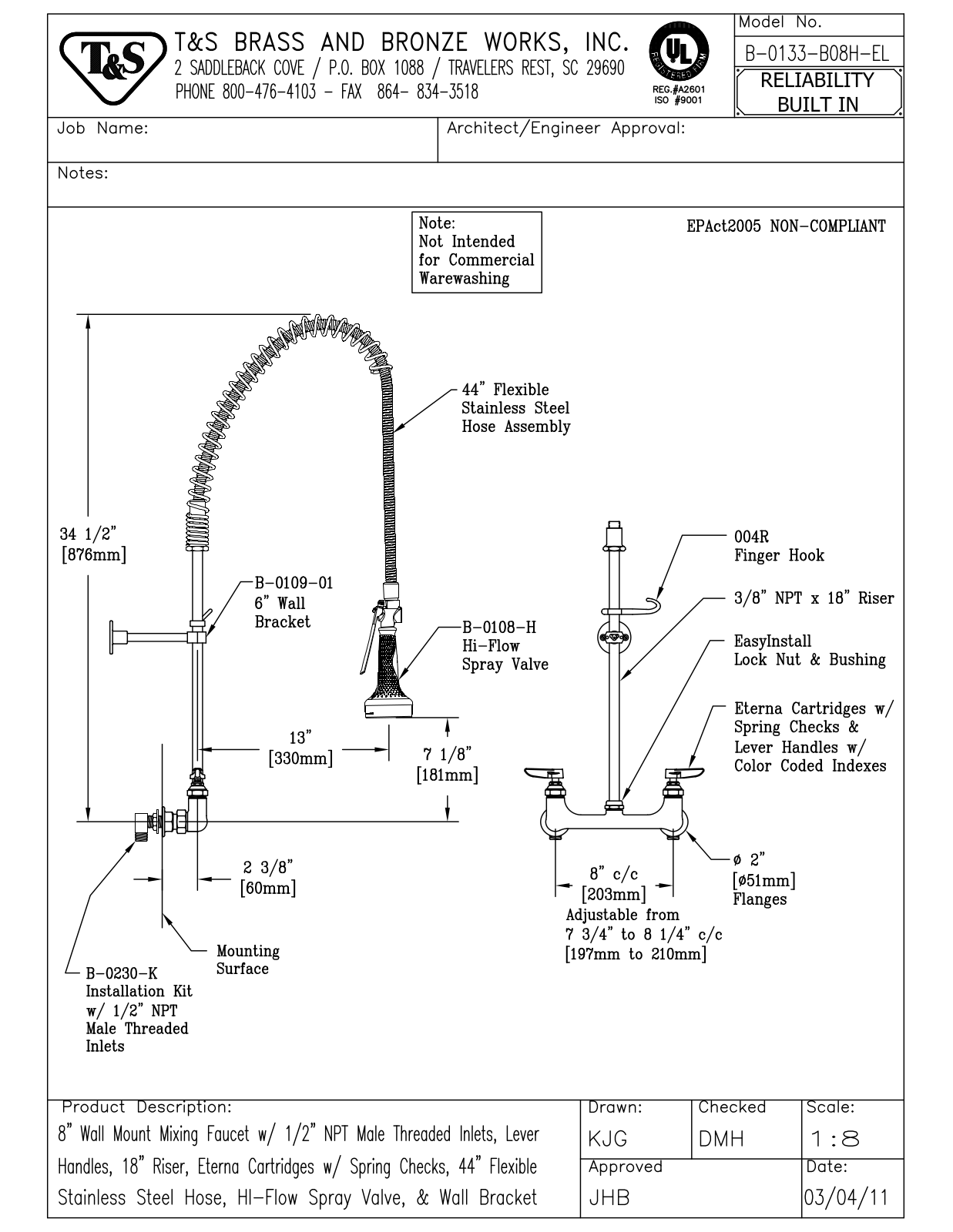 T&S Brass B-0133-B08H-EL User Manual