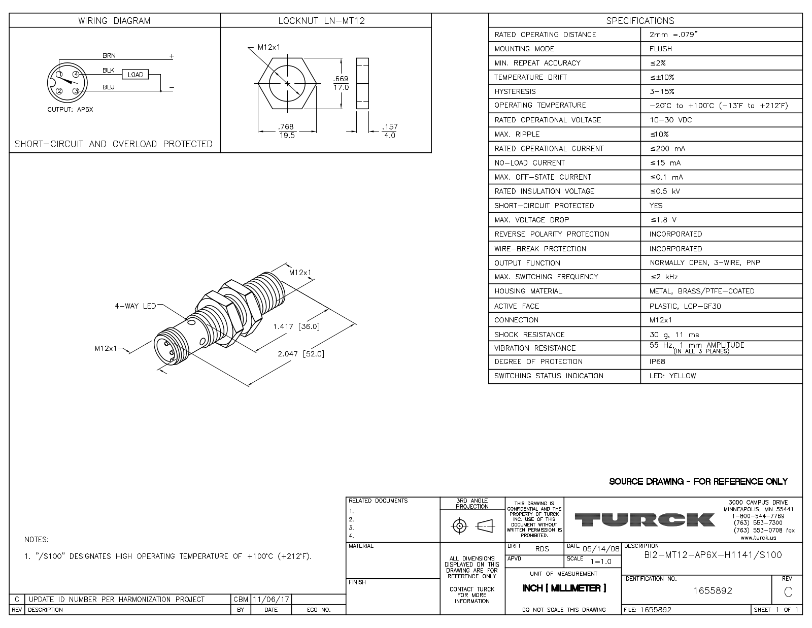 Turck BI2-MT12-AP6X-H1141/S100 Data Sheet