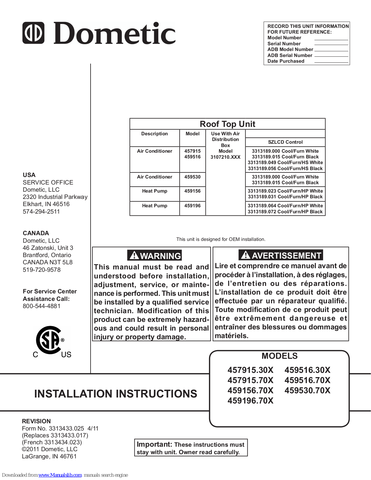 Dometic 457915.30X, 457915.70X, 459156.70X, 459196.70X, 459516.30X Installation Instructions Manual