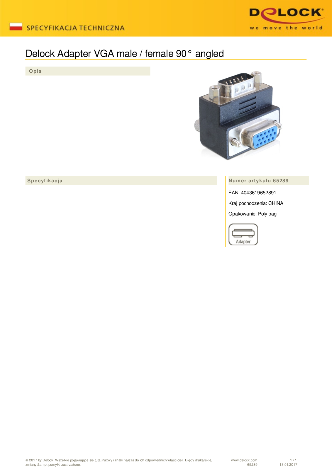 DeLOCK VGA adapter plug-socket angled 90 User Manual