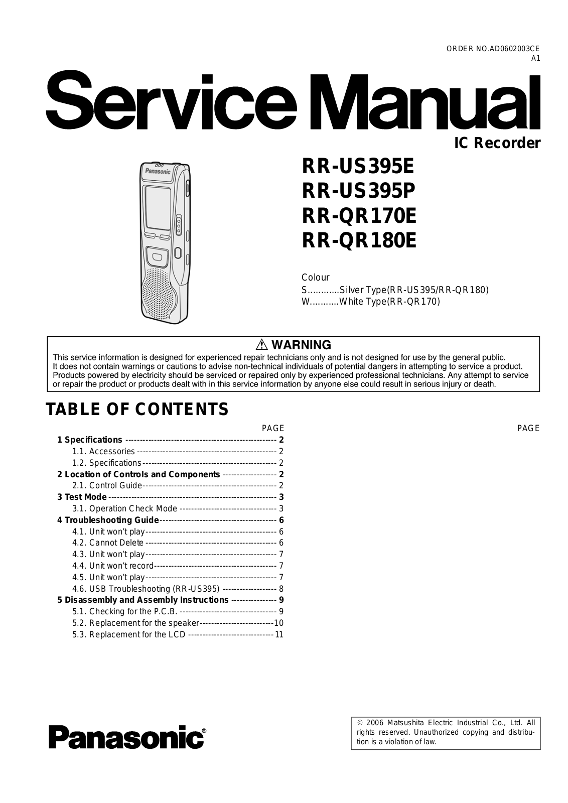 Panasonic RRQR-170-E, RRQR-180-E, RRUS-395-E, RRUS-395-P Service manual