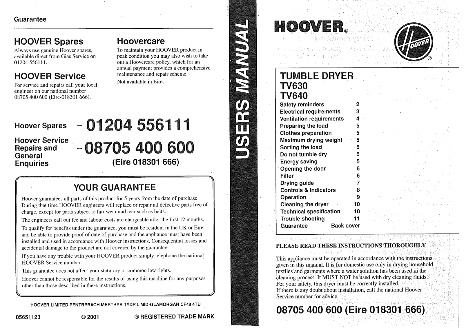 Hoover TV630, TV640 User Manual