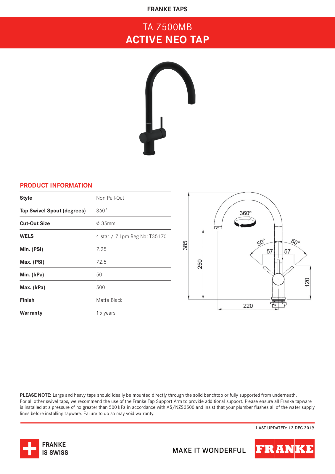 Franke TA7500MB Specifications Sheet - ManualMachine.com