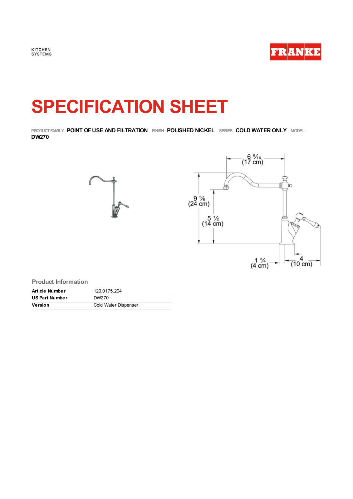 Franke Foodservice DW270 Specification