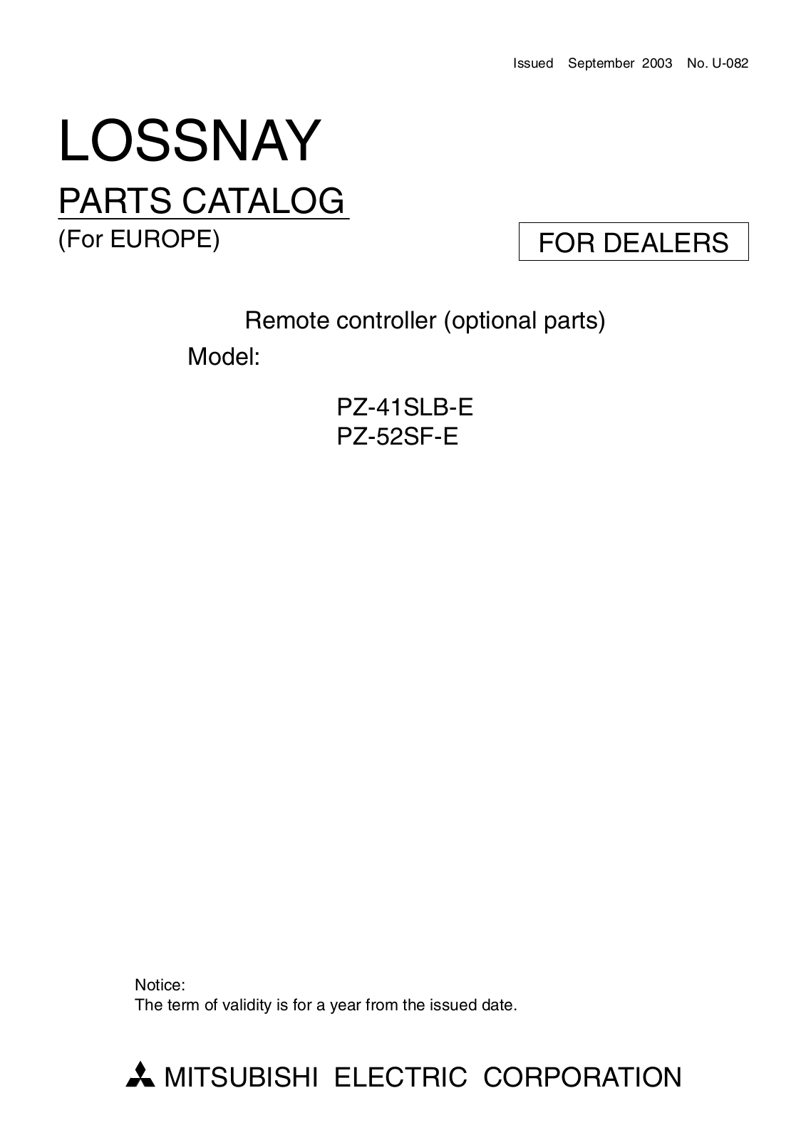 Mitsubishi PZ-41SLB-E, PZ-52SF-E PARTS CATALOG