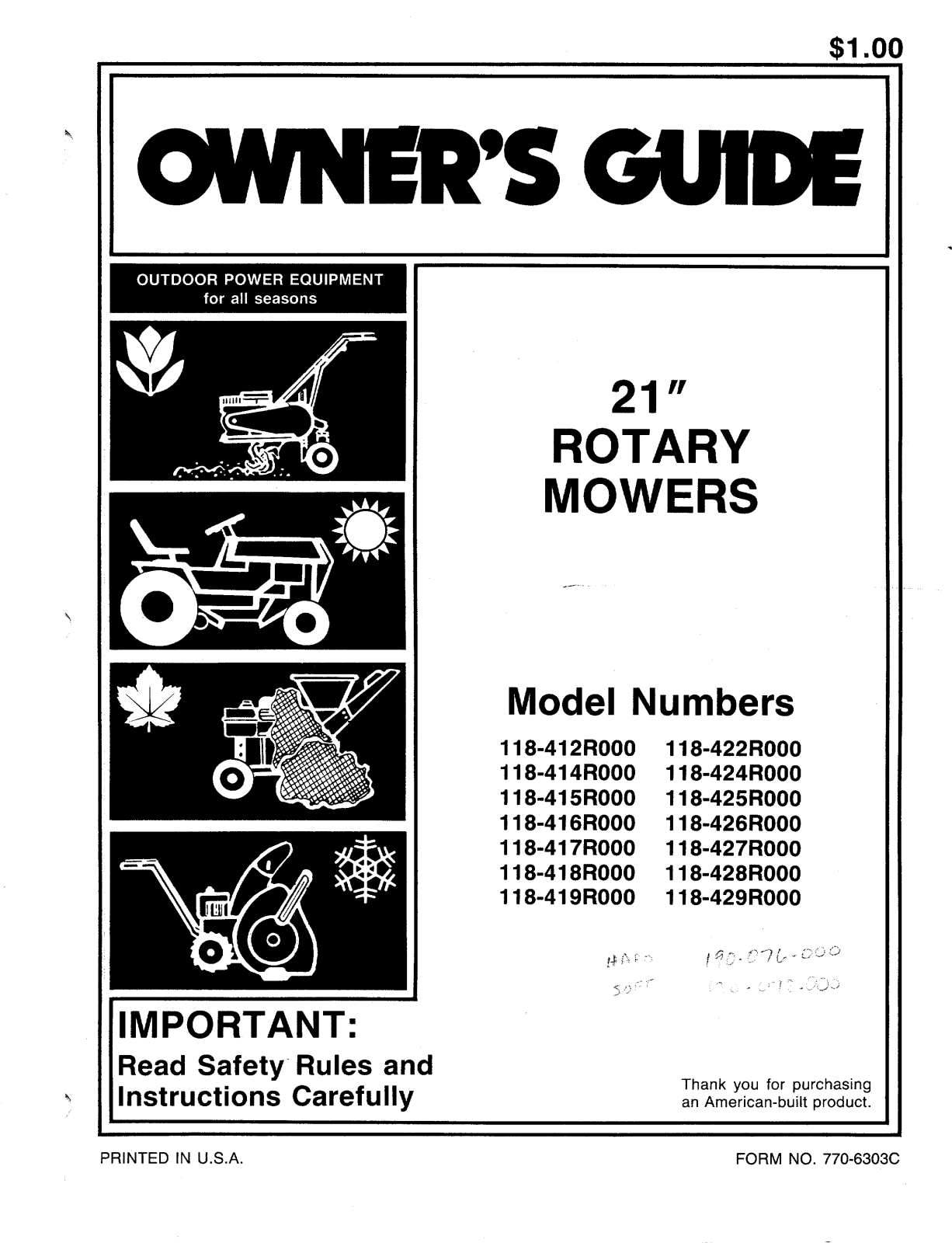 MTD 118-417R000, 118-418R000, 118-412R000, 118-416R000, 118-419R000 User Manual