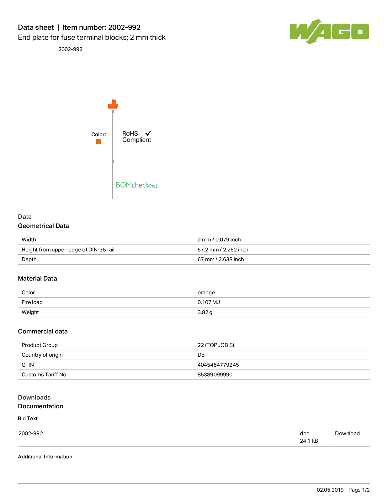 Wago 2002-992 Data Sheet