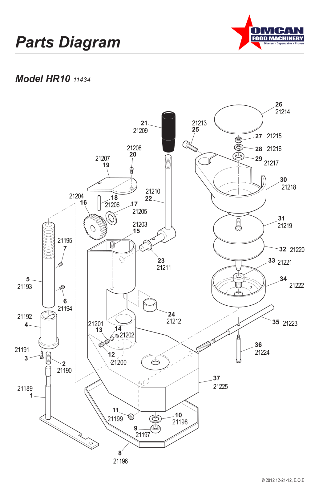 Omcan Food Machinery HR10 Parts List