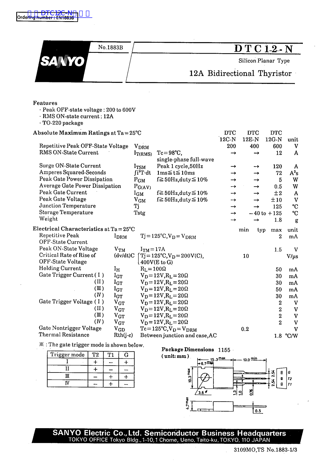 SANYO DTC1-2-N Technical data