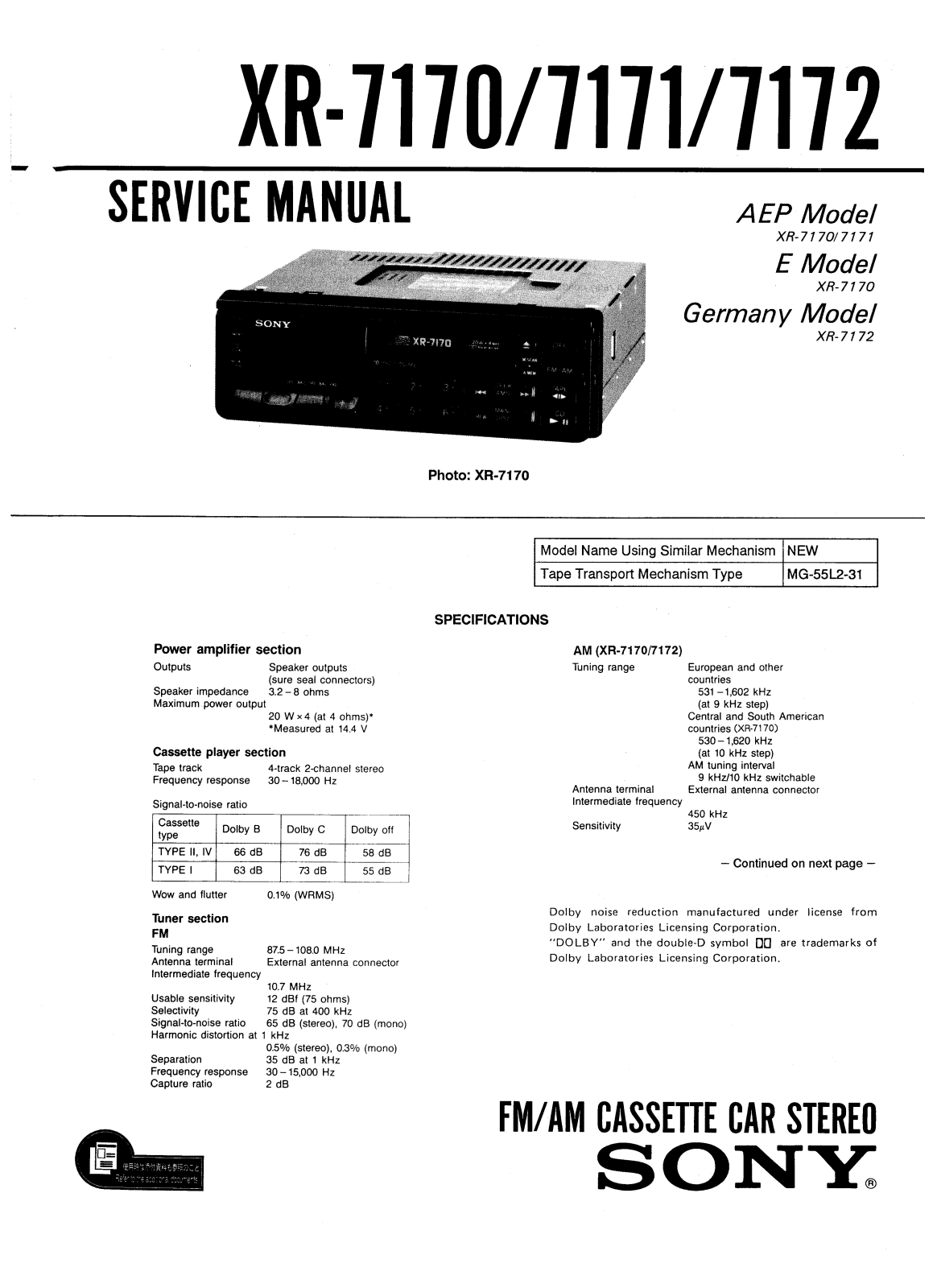 SONY XR-7170, XR-7171, XR-7172 Service Manual