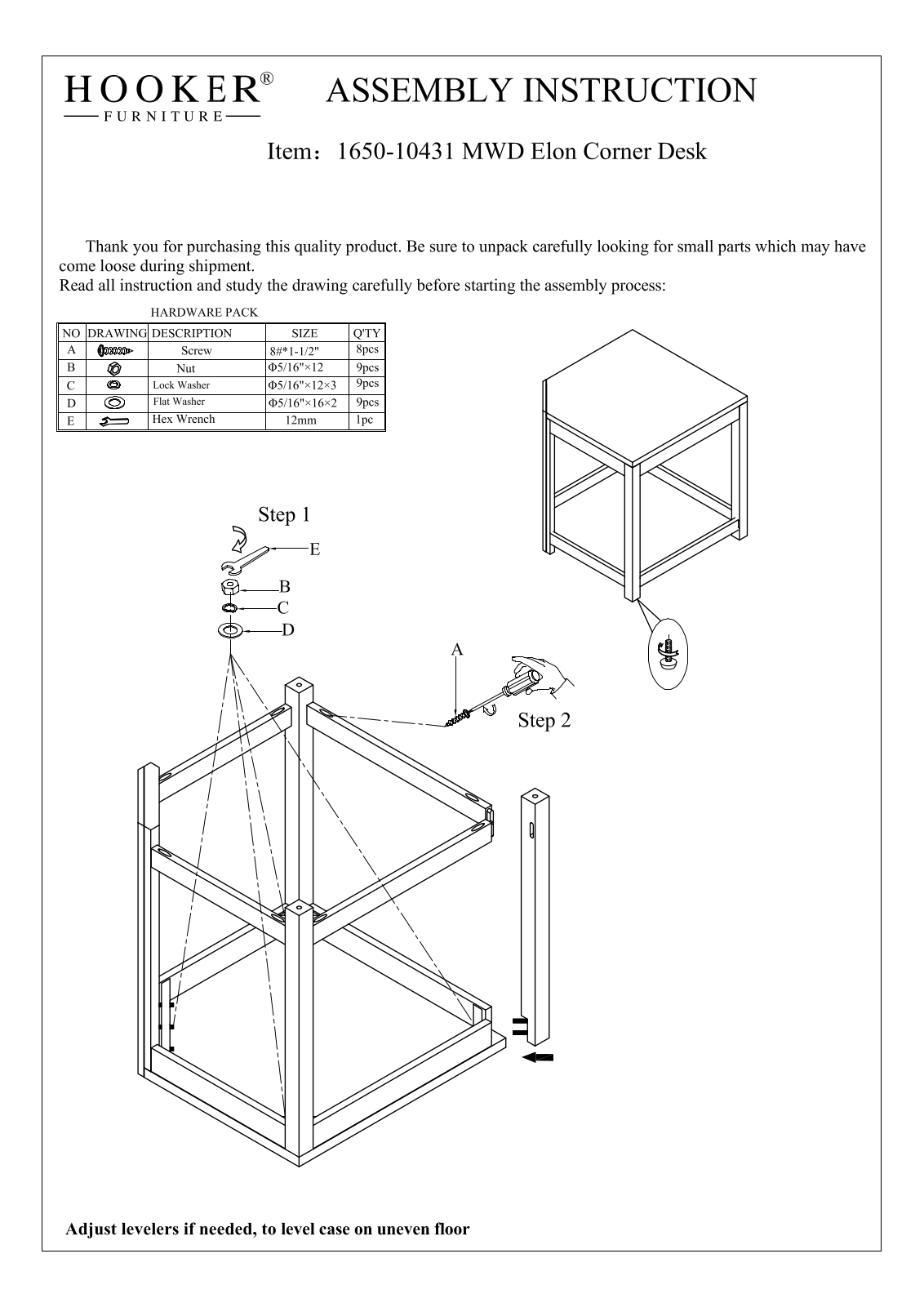 Hooker Furniture 165010431MWD Assembly Guide