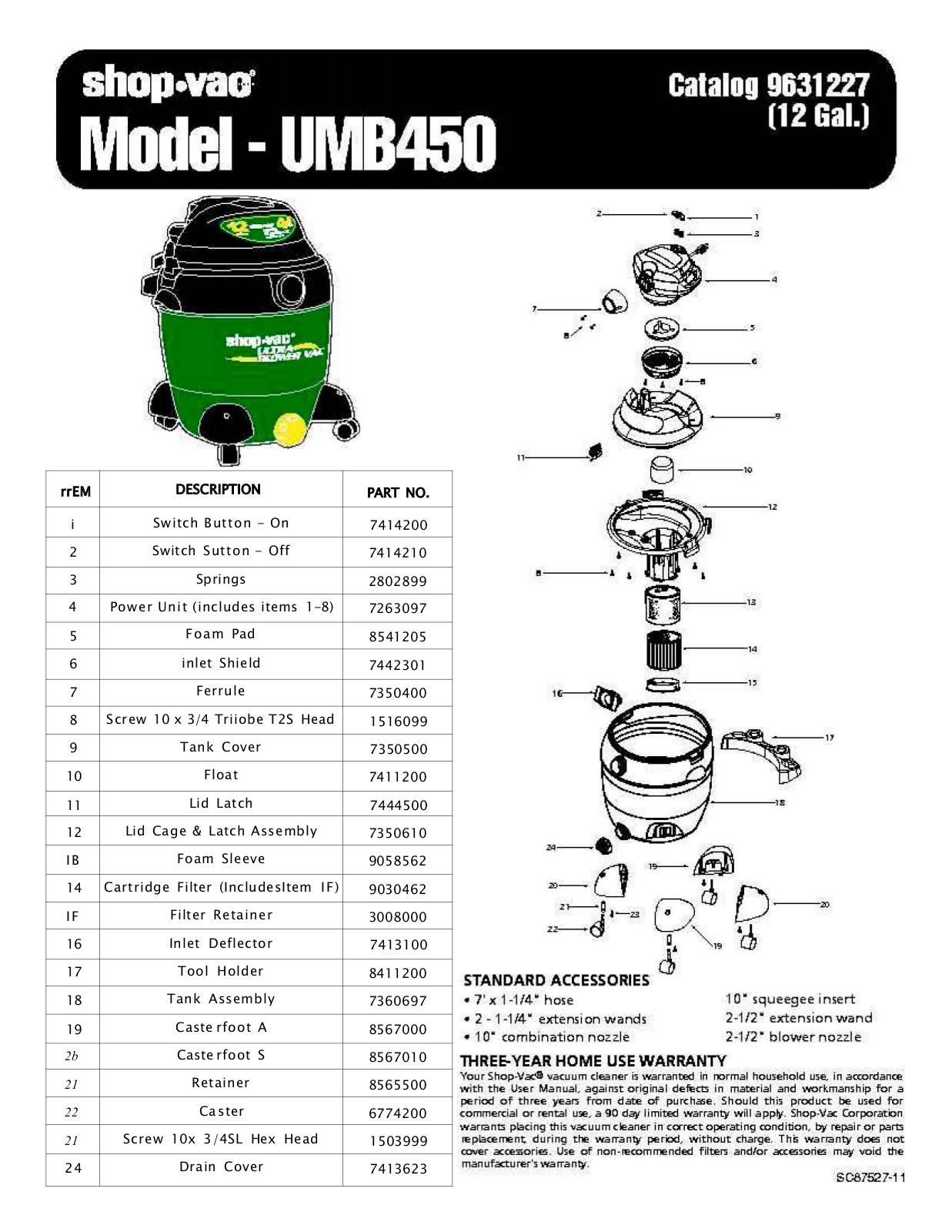 Shop Vac Umb450 Owner's Manual