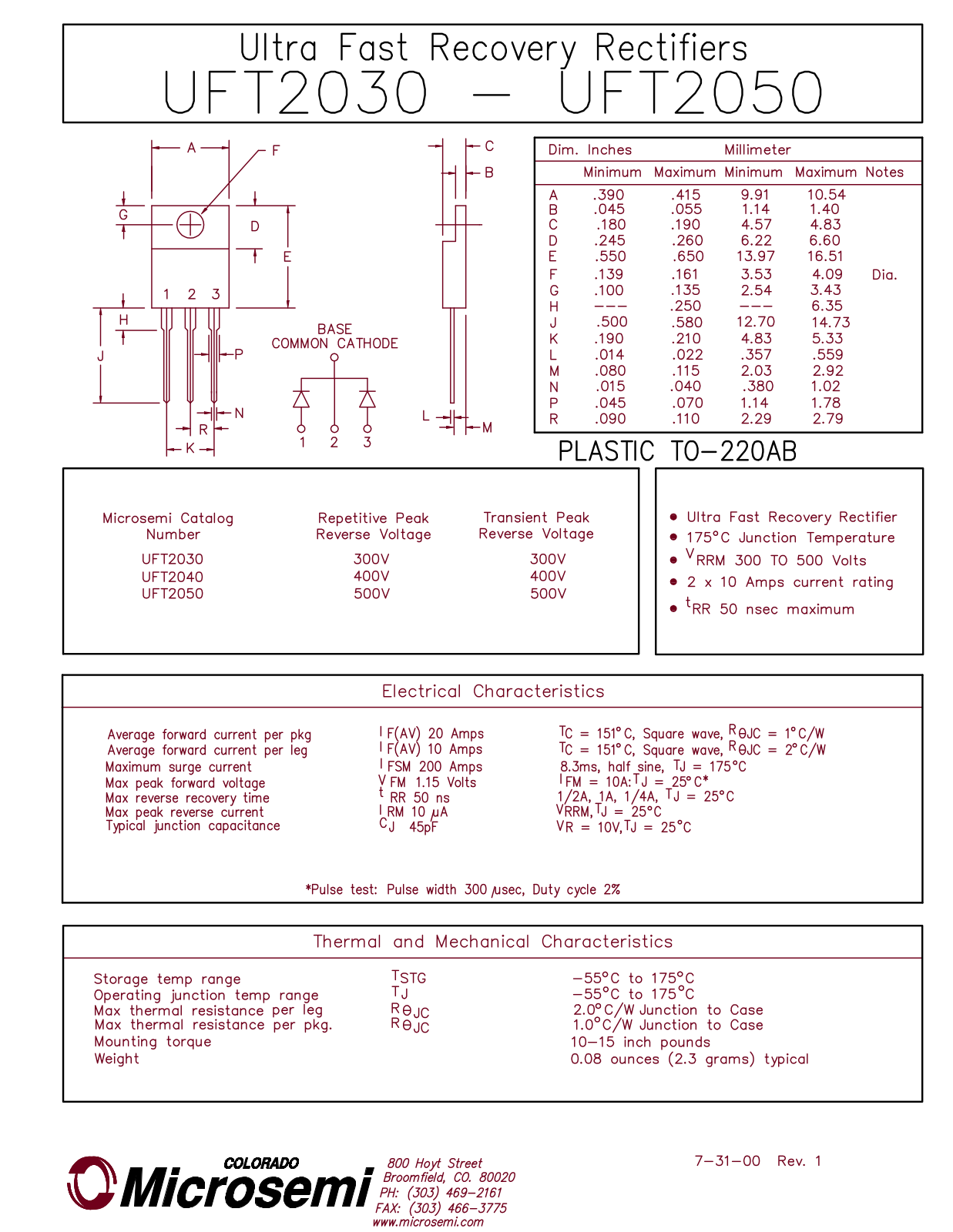 Microsemi UFT2050, UFT2030, UFT2040 Datasheet