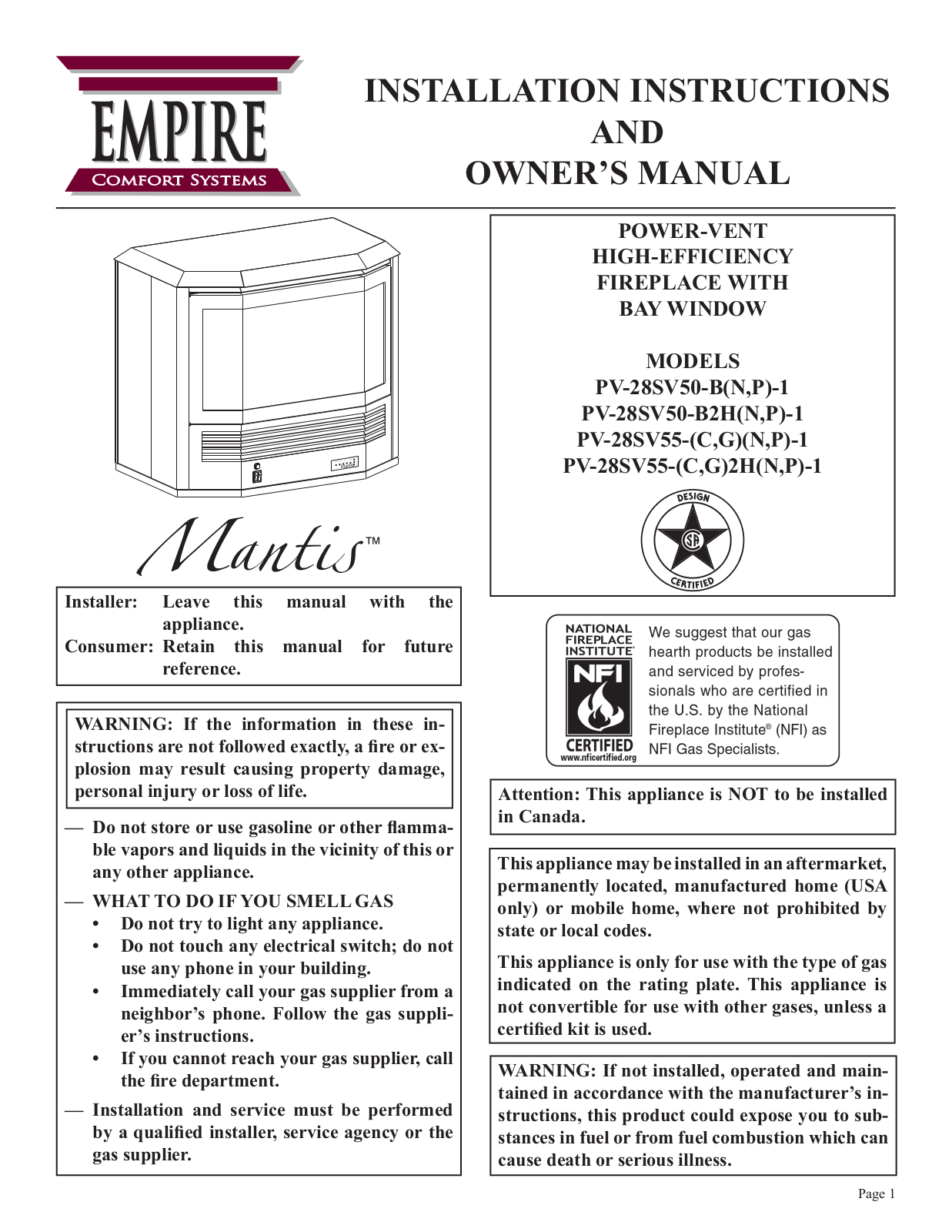 Empire Comfort Systems PV-28SV55-C-G  N-P -1, PV-28SV50-B N-P -1, PV-28SV55-C-G 2H N-P -1, PV-28SV50-B2H N-P -1 User Manual