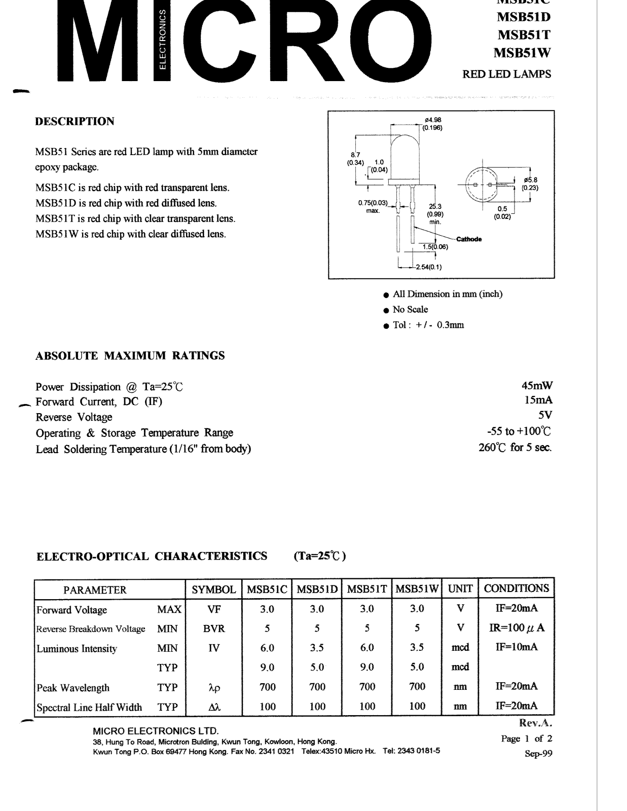 MICRO MSB51C, MSB51W, MSB51T, MSB51D Datasheet