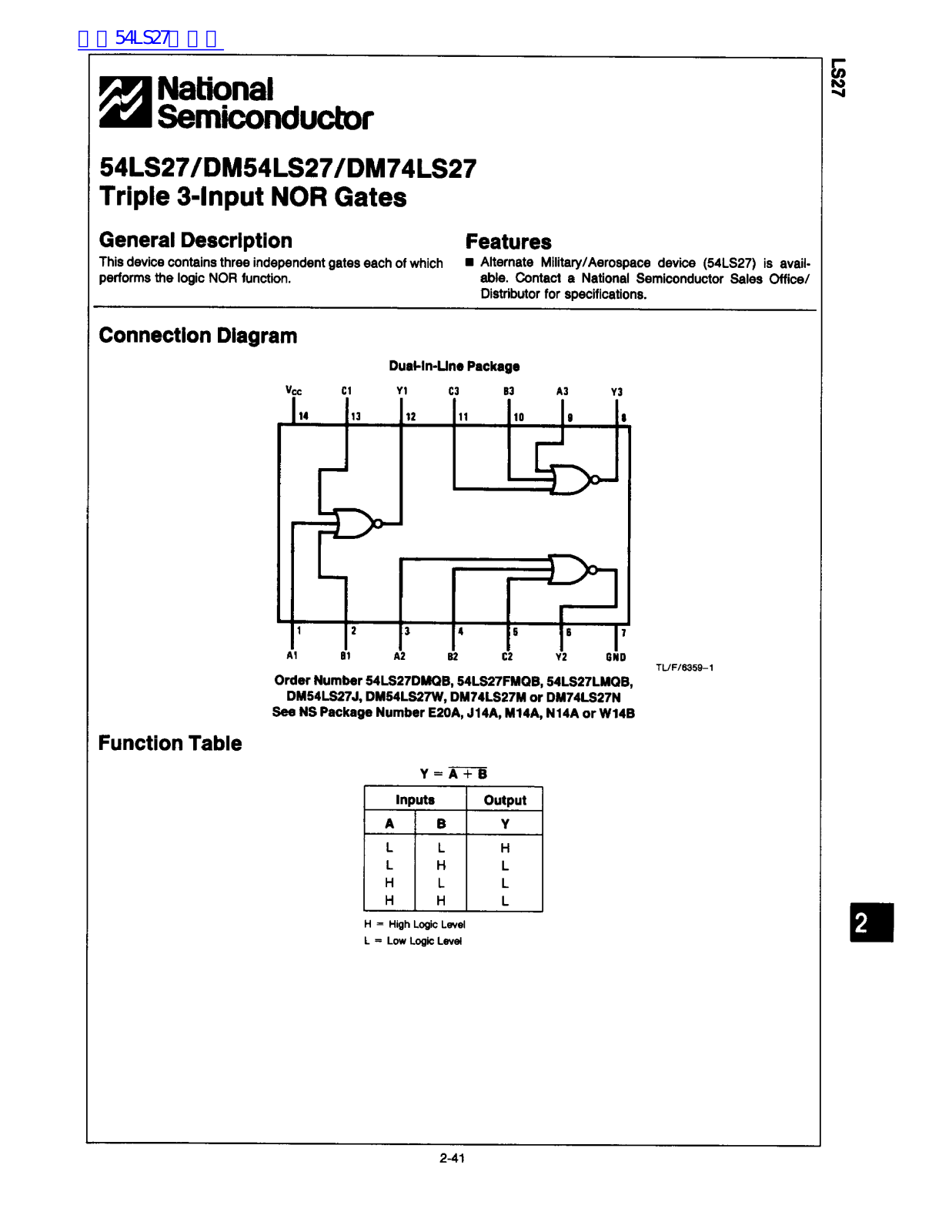 National Semiconductor DM54LS27, DM74LS27 Technical data