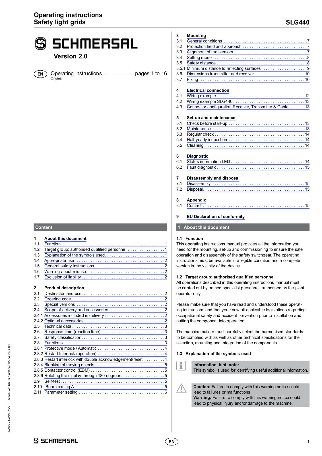 schmersal SLG440 Operating Instructions Manual