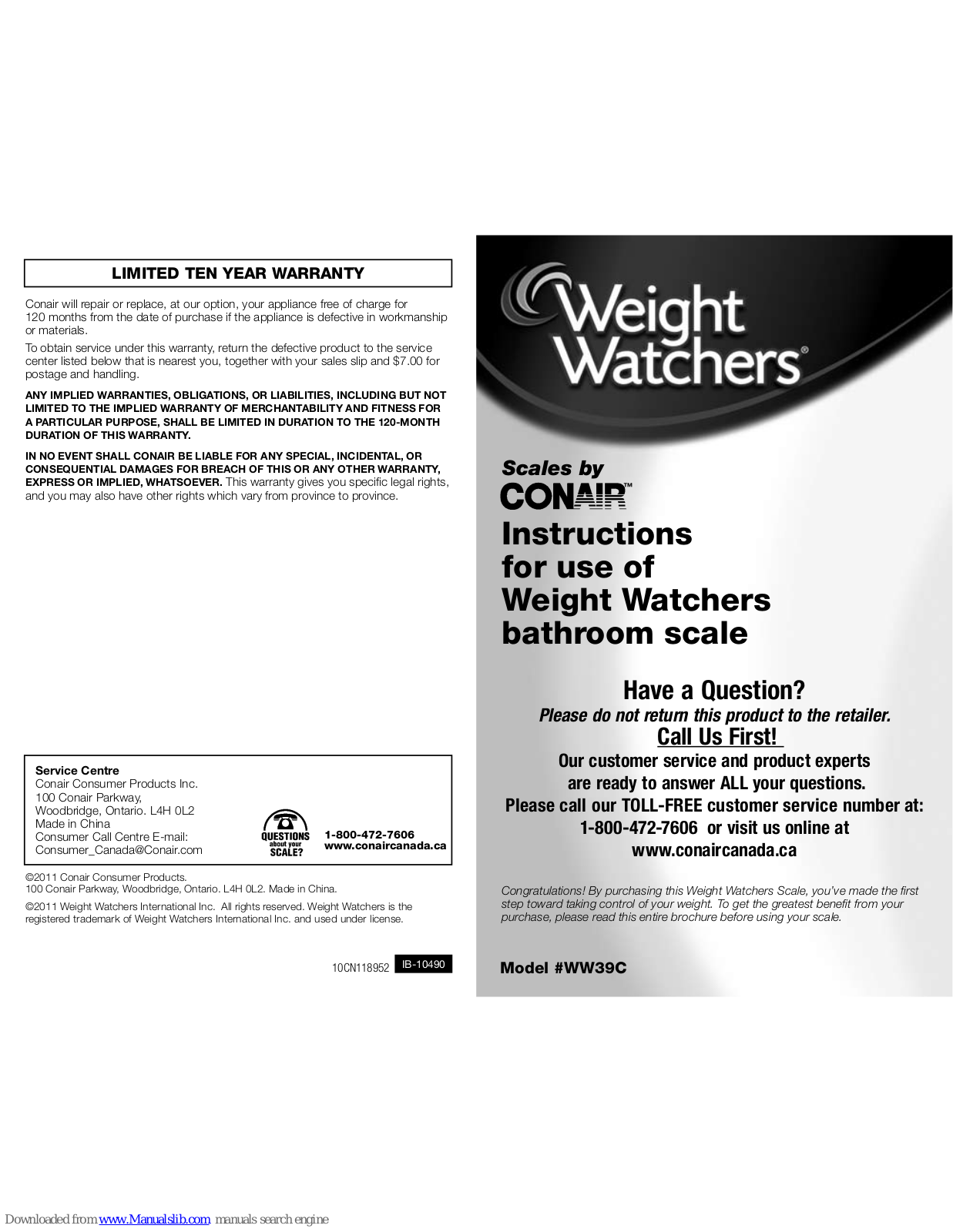 Conair Weight Watchers WW39C Instructions For Use Manual