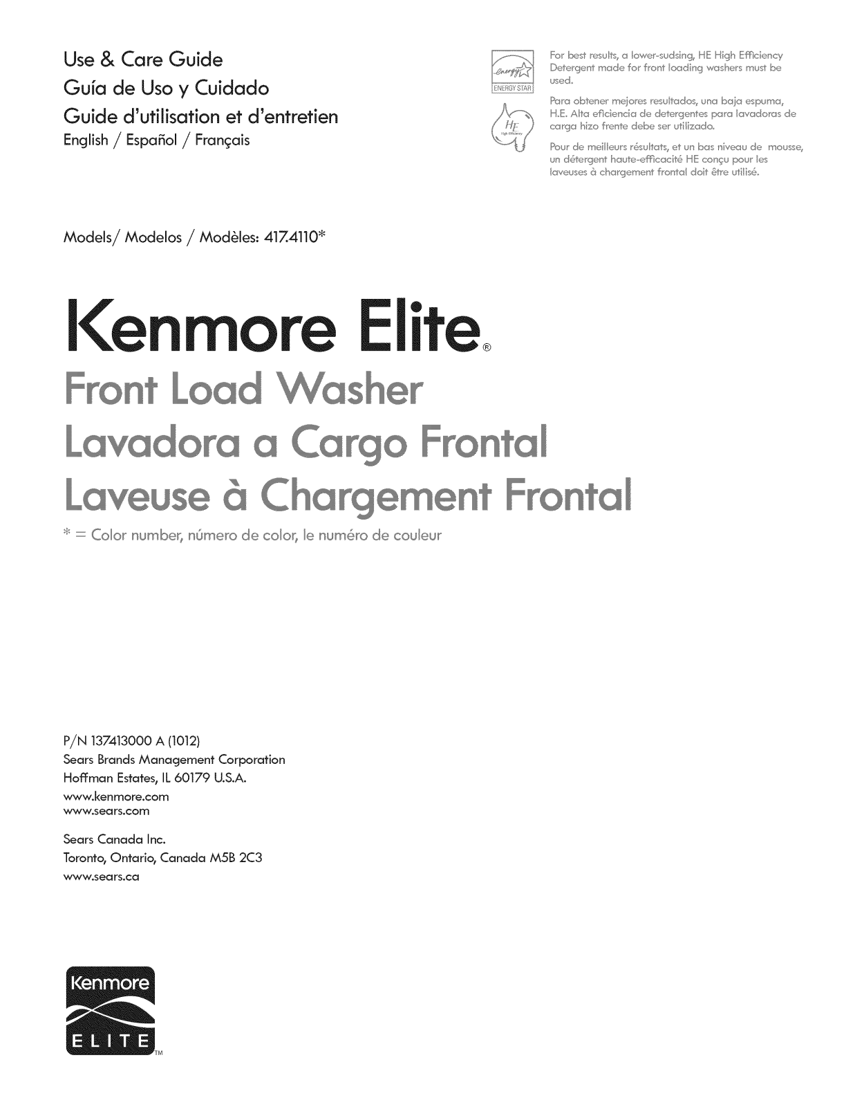 Kenmore Elite 41741100000, 41741101000, 41741102000 Owner’s Manual