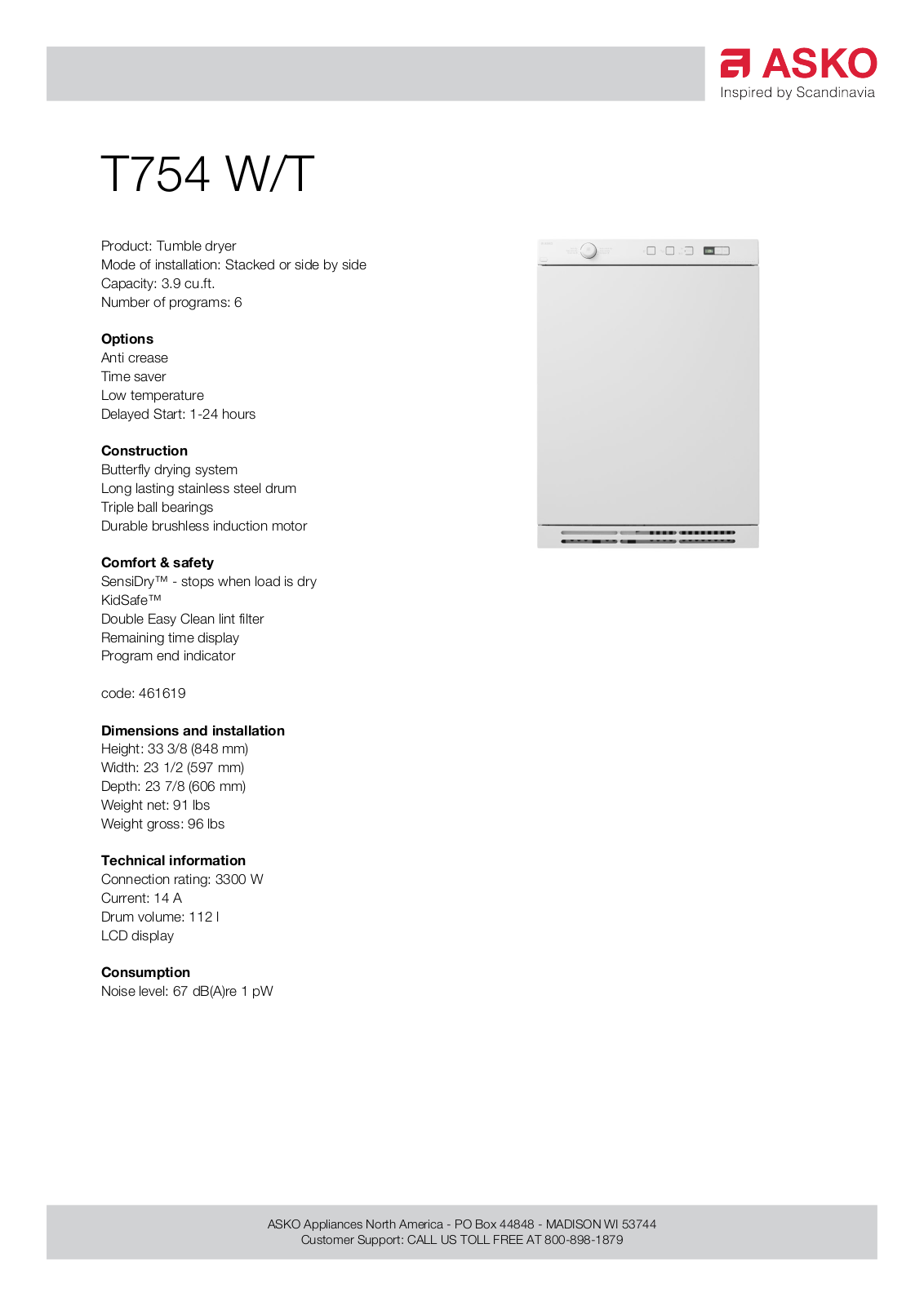 Asko T754 W, T754 T Specification Sheet