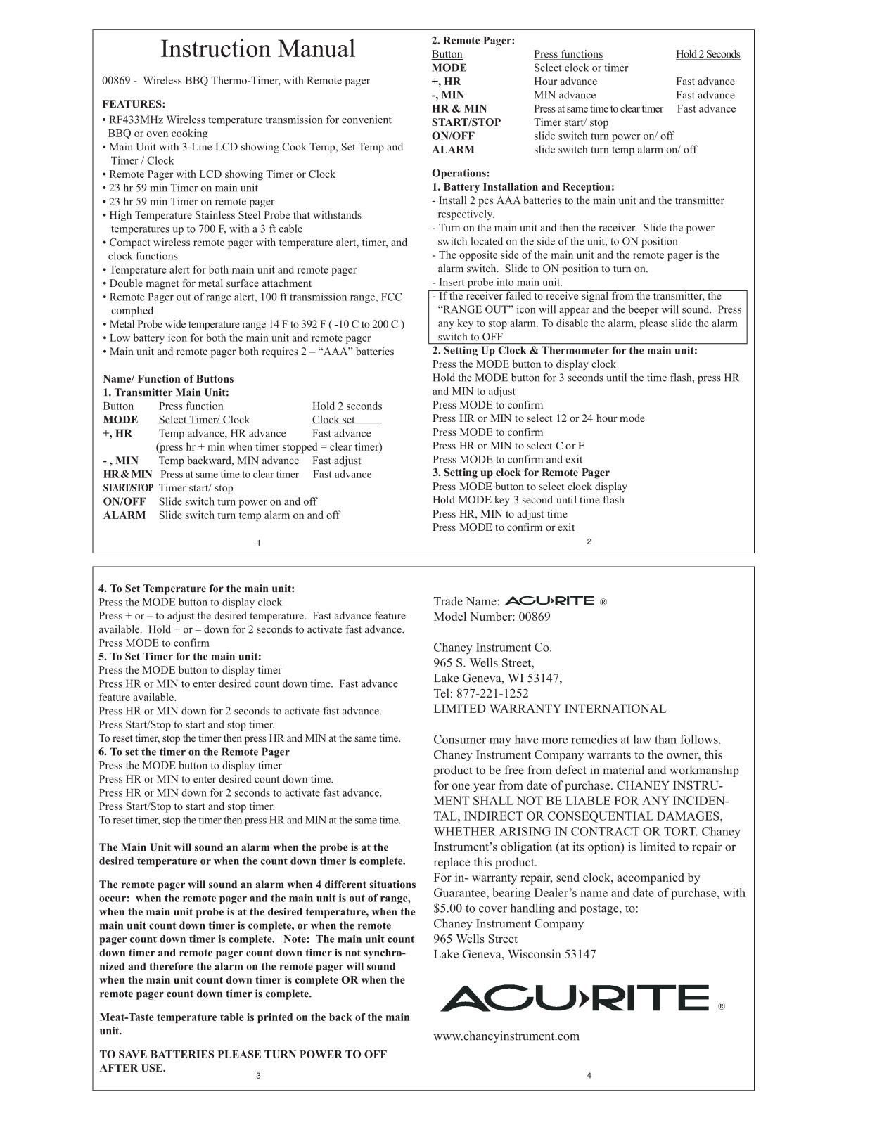 Chaney Instrument 00869 User Manual