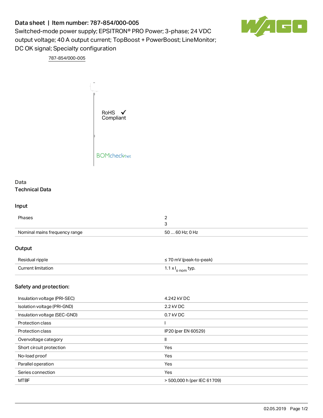 Wago 787-854/000-005 Data Sheet