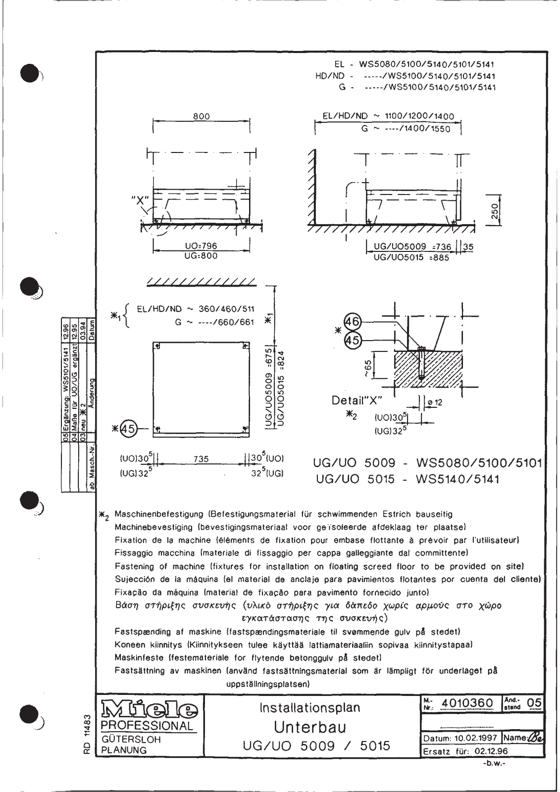 Miele UG 5009, UG 5015 Installation diagram