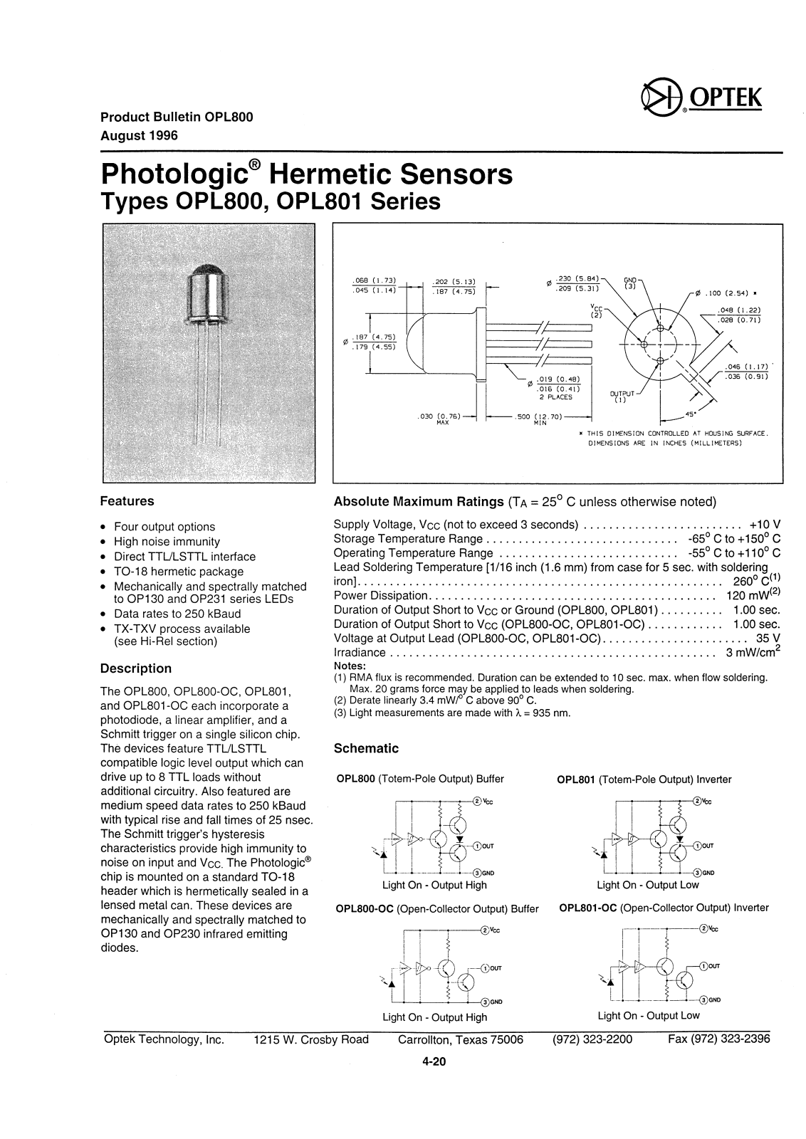 OPTEK OPL801, OPL800, OPL800-OC, OPL801-OC Datasheet