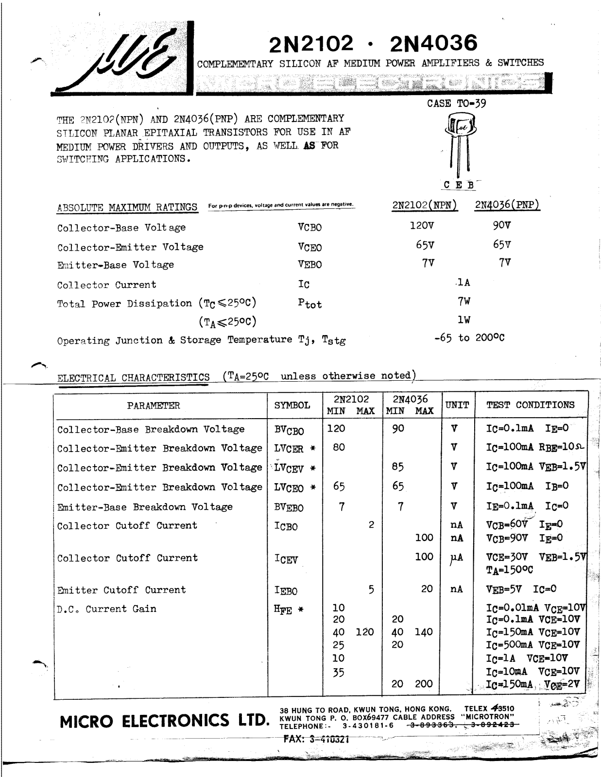 ME 2N4036, 2N2102 Datasheet