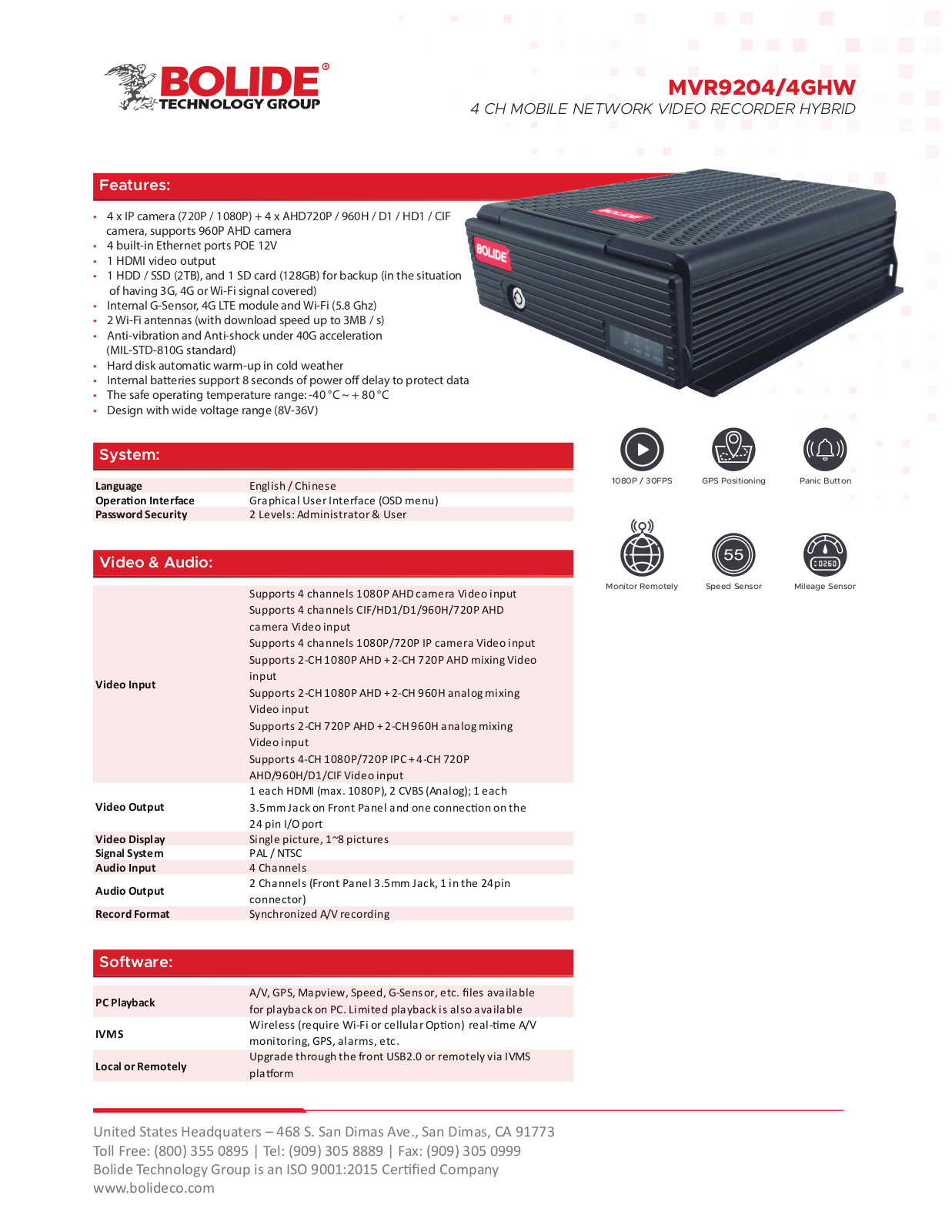 Bolide MVR9204-4GWH Specsheet