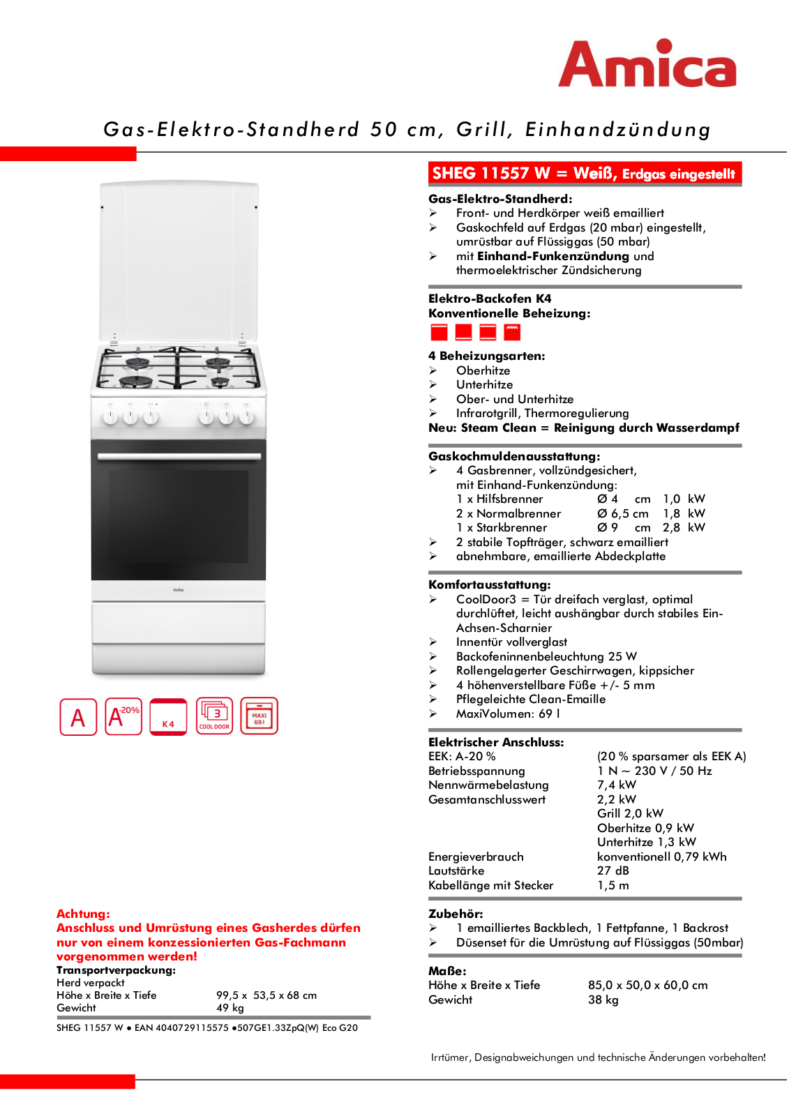 Amica SHEG 11557 W operation manual