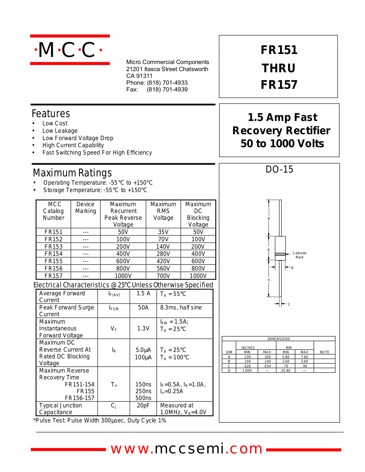 MCC FR157, FR156, FR155, FR154, FR153 Datasheet