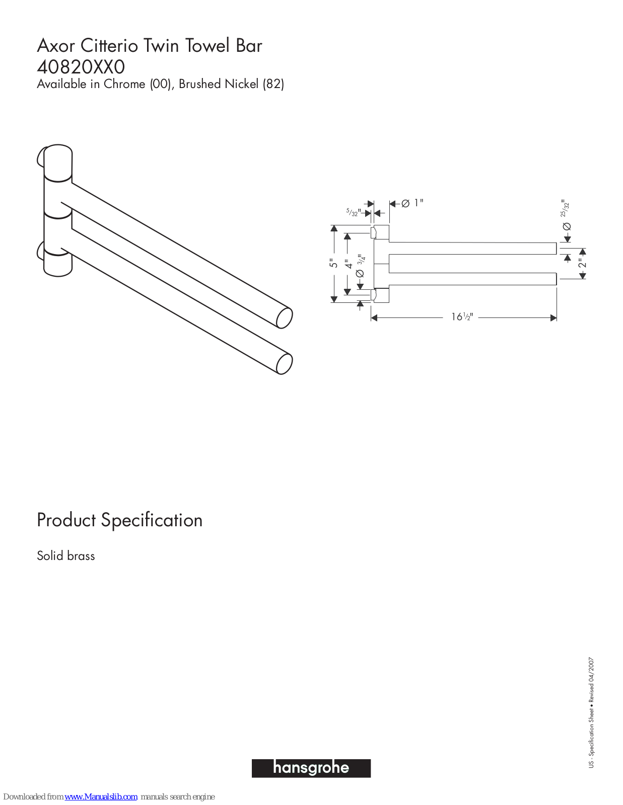 Hansgrohe 40820000, 40820820 Specification Sheet