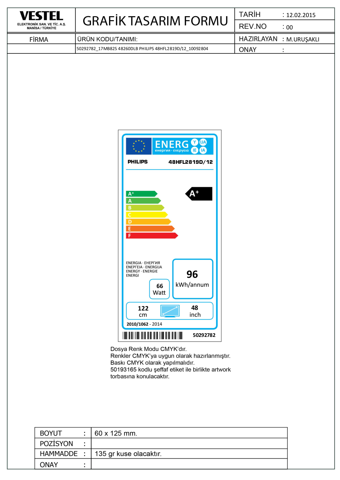 Philips 48HFL2819D Energy Guide