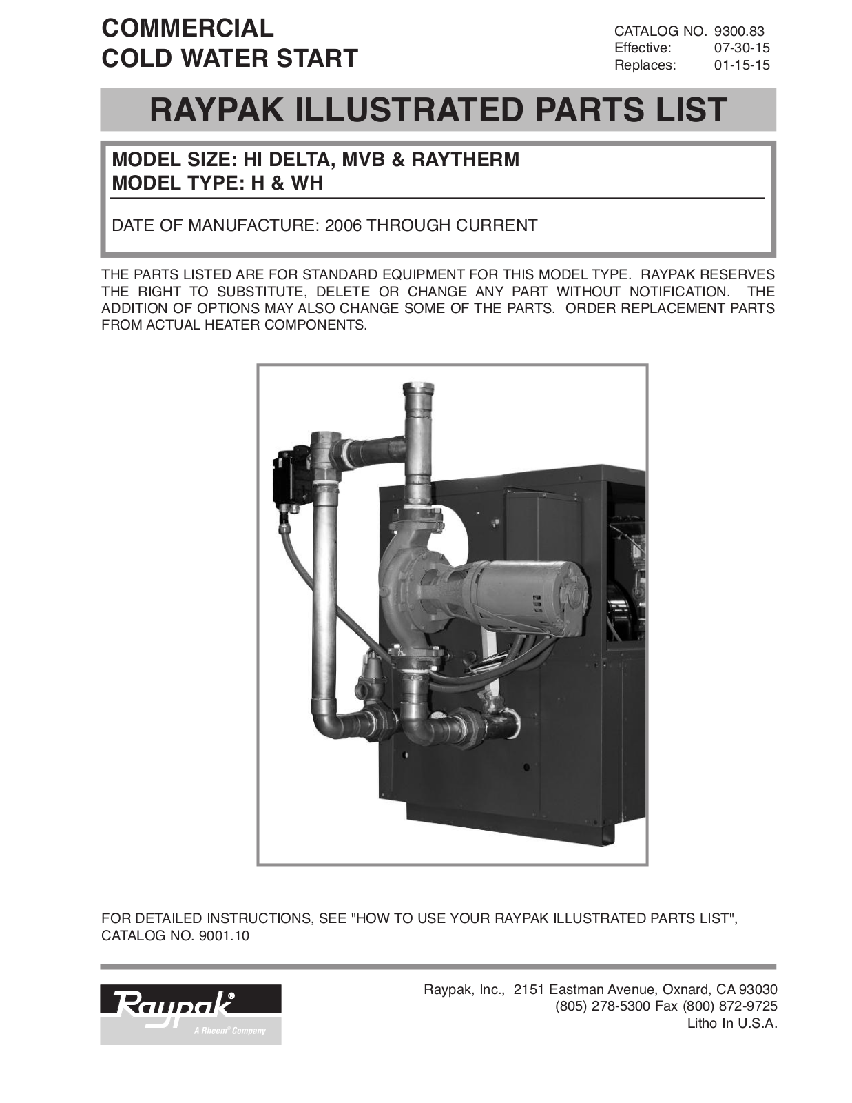 Raypak H-1083 Parts List